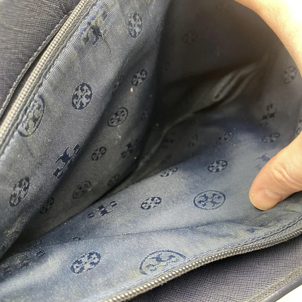 Tory Burch Tote Bag Womens Large Black Leather Shoulder Purse Blue Lining